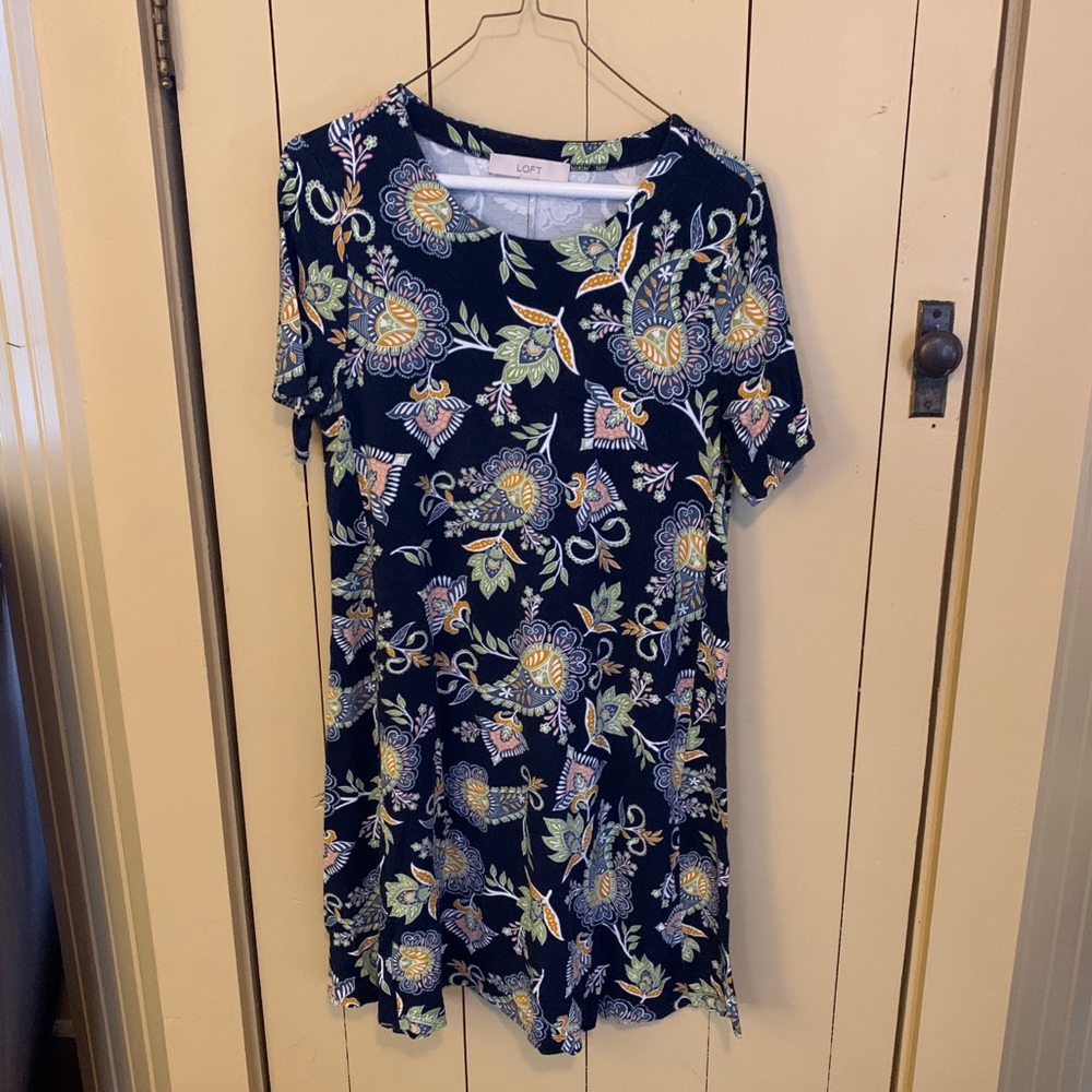LOFT Floral Swing Dress Navy Medium